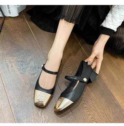 Fashion Mary Jane Women's Shoes 3cm Wide Heel Pumps Embroidered Flowers Pearl Buckle Strap Mary Jane Shoes Luxury Leather Heels