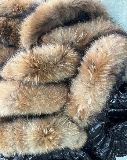 Maomaokong Winter Jacket Women Real Fur Coat Parkas Duck Down Lining Coat Real Raccoon Fur Collar Warm Black Streetwear