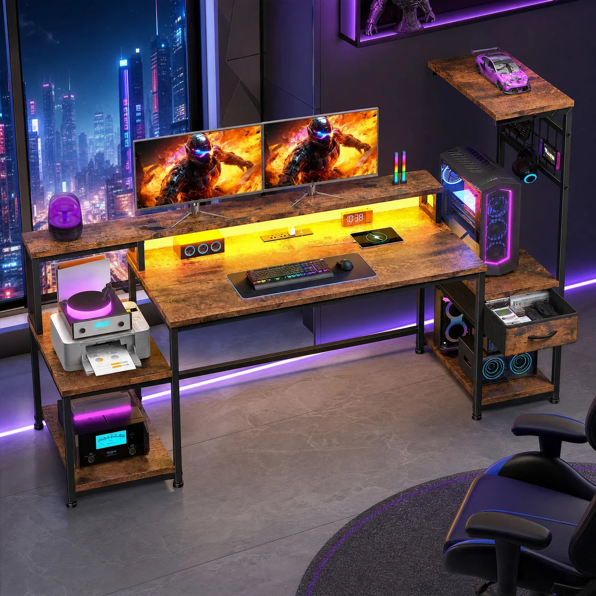 Computer Desk With Drawer, Office Desk With Printer Storage Shelves & File Cabinet, Gaming Desk With LED & Power Outlet, Study Table With Monitor Shelf For Home Office Dorm BedRoom Rustic Brown