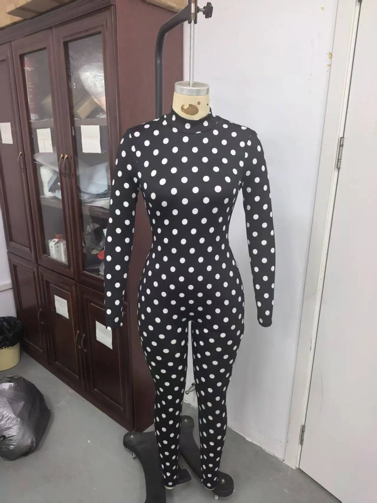 Sexy Women Polka Dot Bodycon Jumpsuit High Neck Long Sleeve Slim Fit One Piece Y2K Clubwear Party Outfit