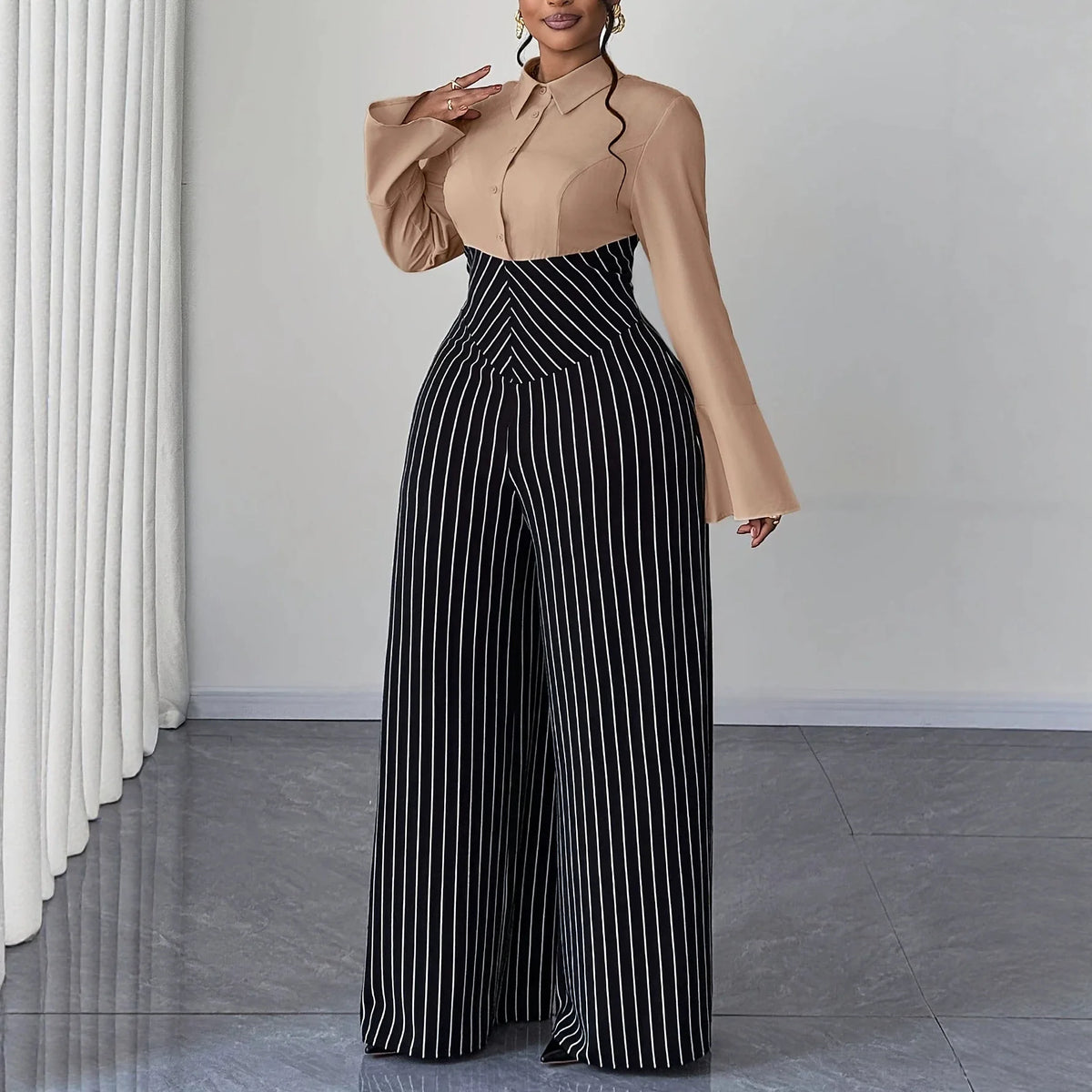 XL-4XL Plus Size Women Clothes Jumpsuit Clothes Long Sleeve Urban Leisure Bodysuit New Wide Leg Jumpsuit Wholesale Dropshipping