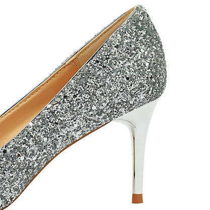 Women 7cm 9.5cm High Heels Pumps Wedding Bridal Scarpins Sparkly Mid Heels Lady Party Sequins Glitter Evening Gold Silver Shoes