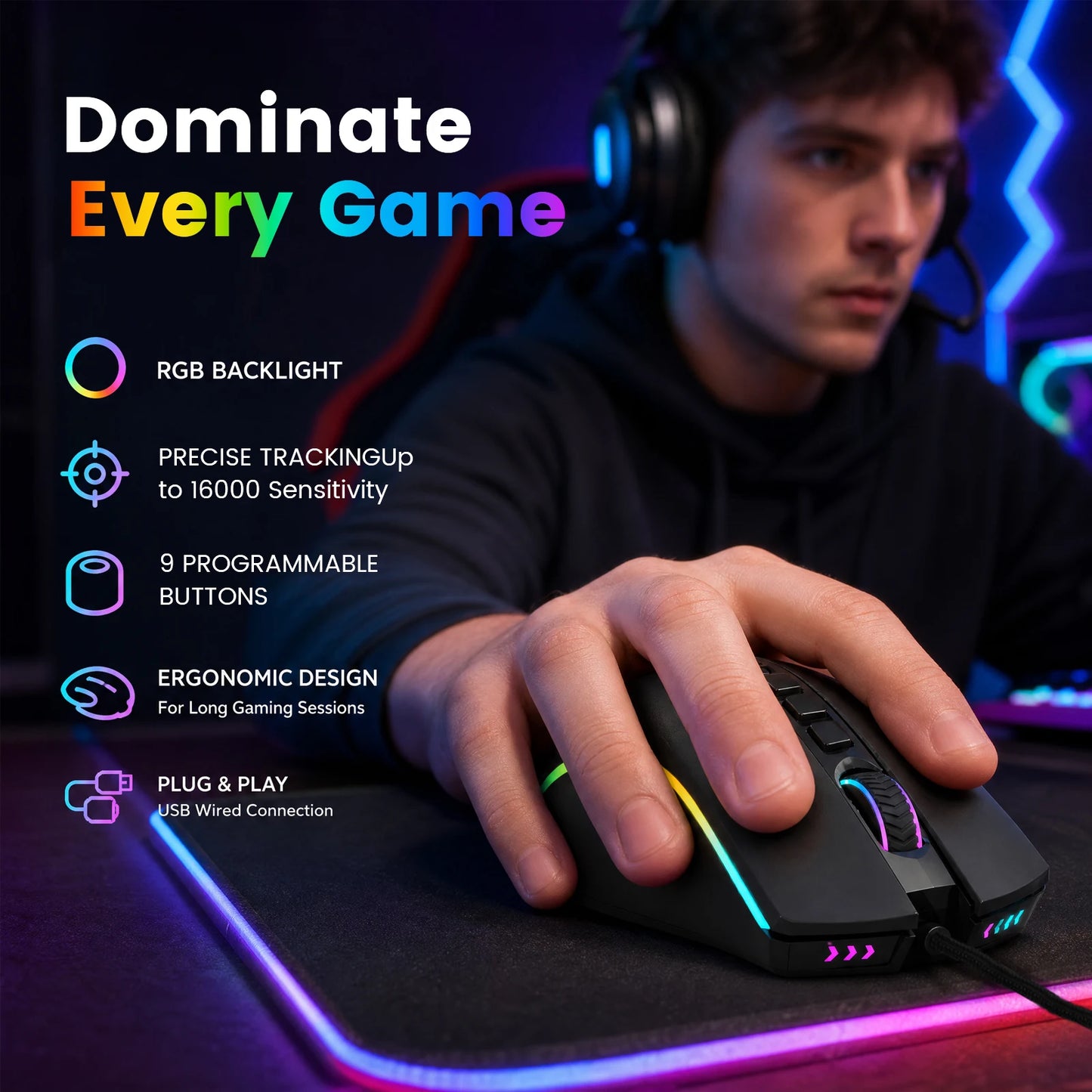 FocusOnPC X11 RGB Gaming Mouse, Wired Connection, 8000 DPI, 9 Programmable Buttons, Ergonomic Computer Gaming Mice for PC Gamers