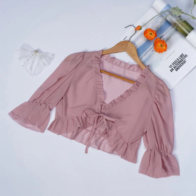 Spring, Summer, and Autumn Chiffon Lace Up Shirt, Shawl, Camisole, Thin Design, Sexy Solid Color, Loose Fit, Sweet Matching, Wed