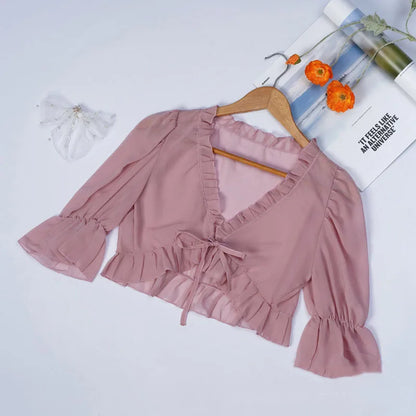 Spring, Summer, and Autumn Chiffon Lace Up Shirt, Shawl, Camisole, Thin Design, Sexy Solid Color, Loose Fit, Sweet Matching, Wed