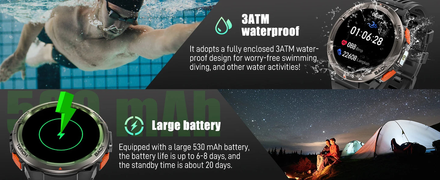 EIGIIS KE5 3ATM Waterproof Smart Watch for Men with LED Flashlight 1.45'' HD Rugged Smartwatch with 530mAh Big Battery