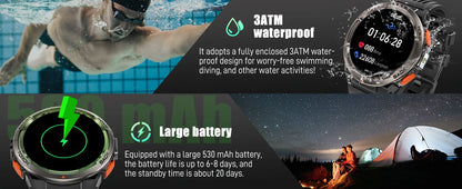 EIGIIS KE5 3ATM Waterproof Smart Watch for Men with LED Flashlight 1.45'' HD Rugged Smartwatch with 530mAh Big Battery