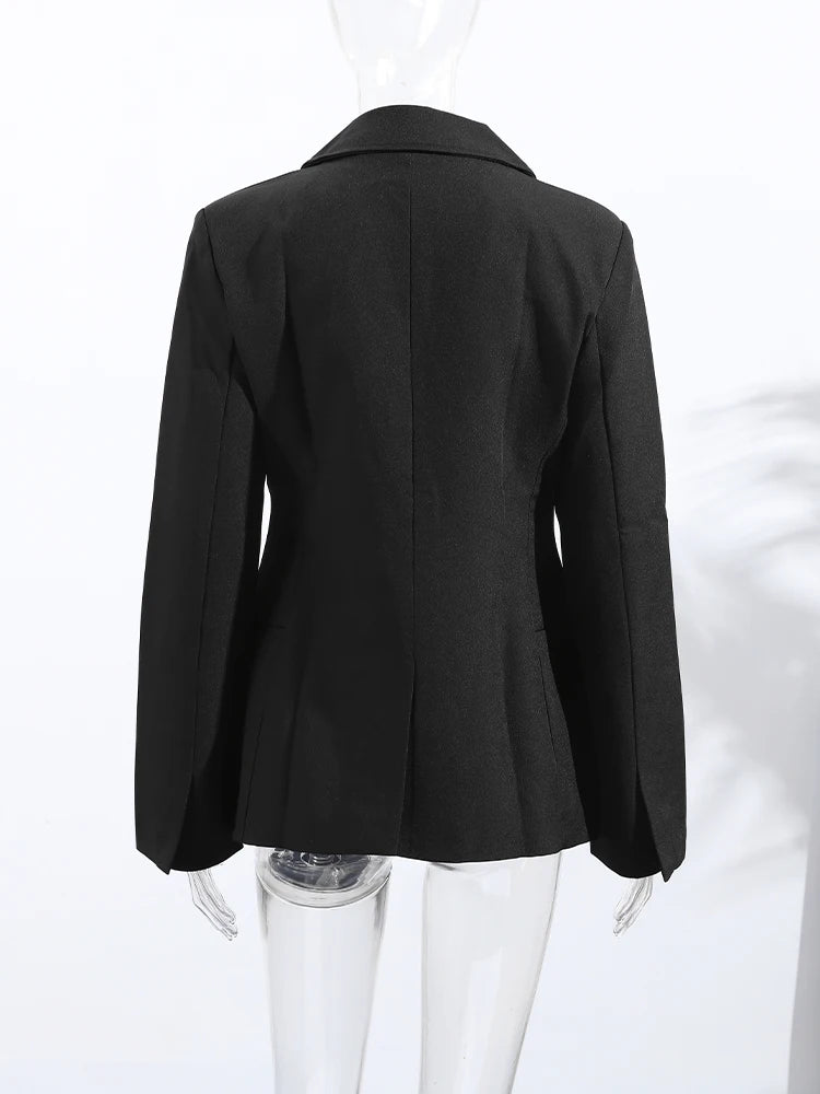 Elegant Shoulder Pad Slim Suit Jackets Women Solid Lapel Long Sleeved Jacket Female 2025 Spring Chic Daily Style Outwears Tops