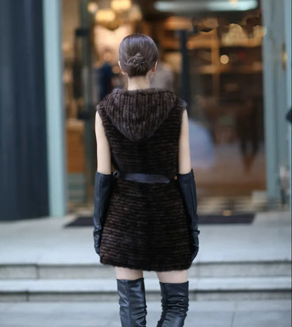 winter ladies fur vest genuine mink fur knitted warm outerwear with hood and belt  80cm long gray black autumn waistcoat