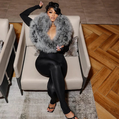 FLARORA Luxury Faux Fur Furry Patchwork Jumpsuits Woman Deep V-Neck Long Sleeve Slim One Piece Rompers Midnight Party Clubwear