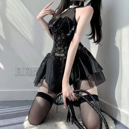 AltGoth Sexy Cosplay Pu Dress Women Harajuku Streetwear Grunge Bandage Hollow Out Bats Dress Punk Y2k E-girl Mall Gothic Clothes