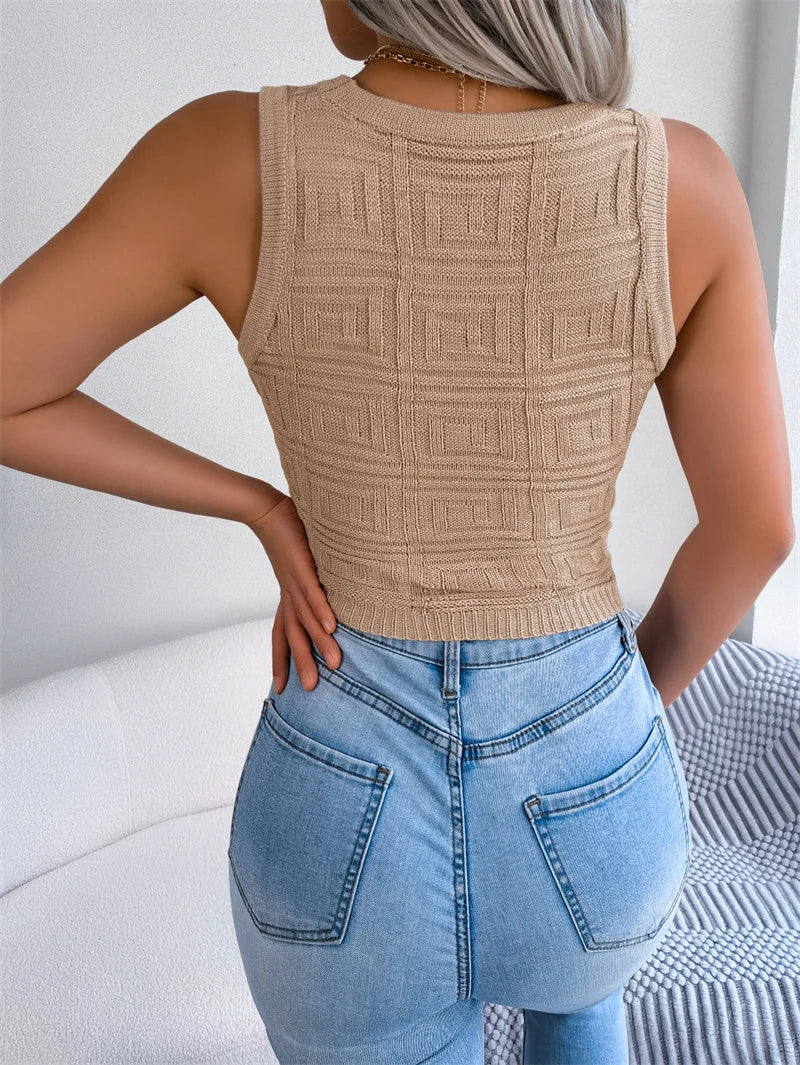 Summer Women Tshirt Hollow Out Solid Letter Sleeveless Knitted Tee Tops Casual Slim O Neck 2024 Fashion T Shirt