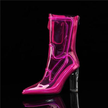 Women Glowing Transparent PVC Ankle Boots Pointed Toe Chunky Clear High Heel Fashion Sexy Dress Party Nightclub Festival Stage