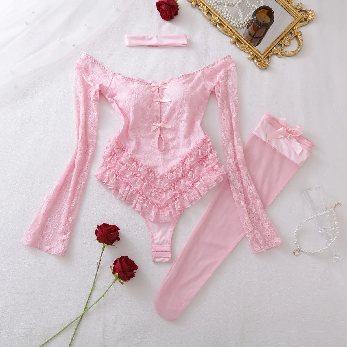 SINGREINY Off Shoulder Hotsweet Sexy Bodysuits Women Long Sleeves Ruffles Sweet Rompers Hollow Out Floral Lace Pink Playsuits