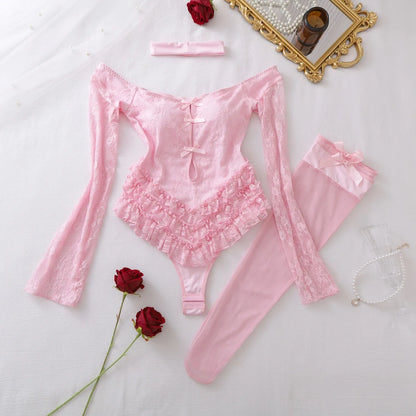SINGREINY Off Shoulder Hotsweet Sexy Bodysuits Women Long Sleeves Ruffles Sweet Rompers Hollow Out Floral Lace Pink Playsuits