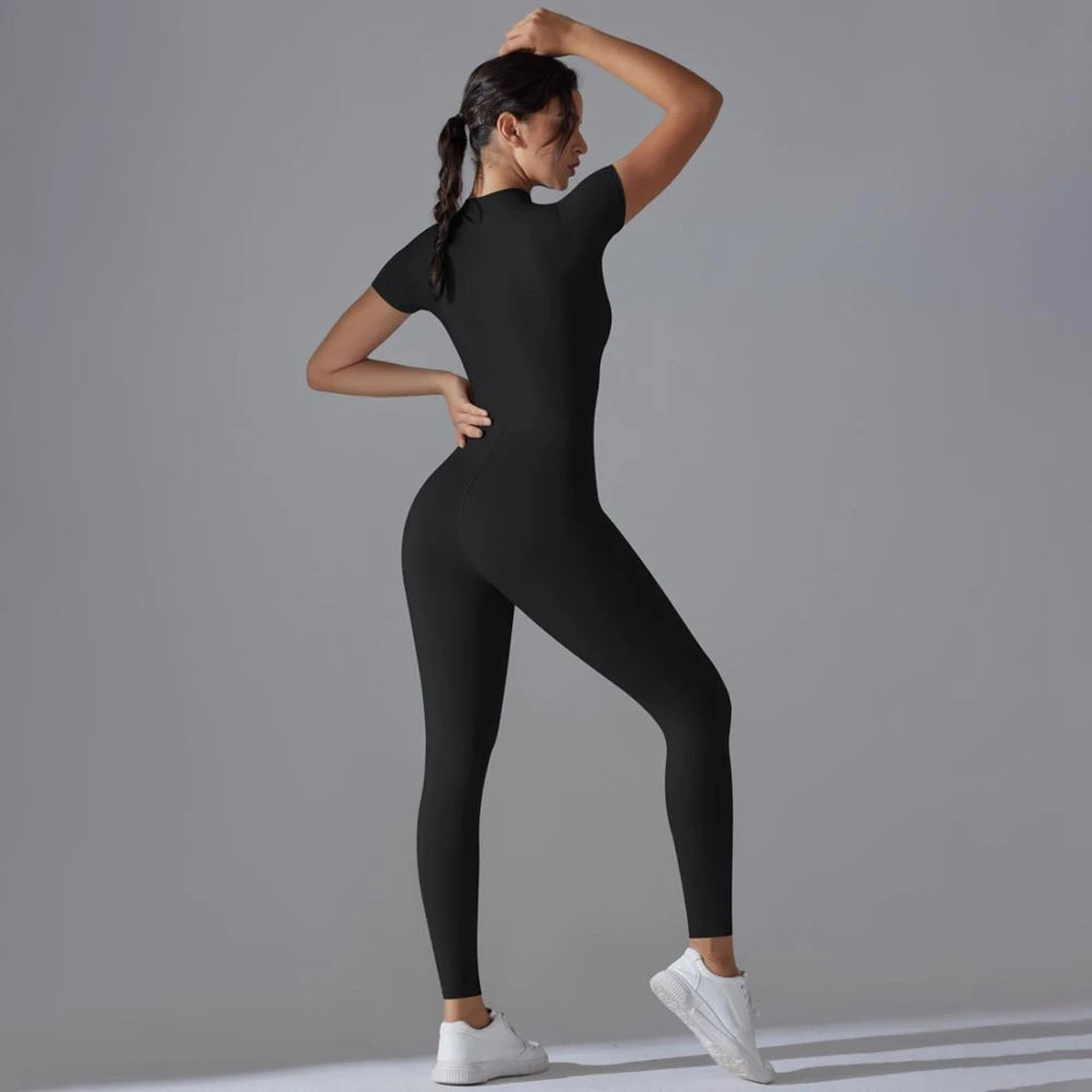 Womens Jumpsuits Short Sleeve Yoga Slim Fit Stretch One Piece Romper Sexy Fitness Female Basic Sportwears Black Zipper Ladies