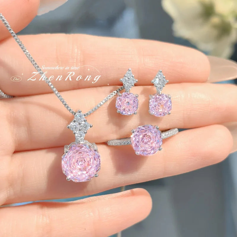 Foyejev Luxury Round Rose-cut Purple-Iron Oxide Zircon Pendant Necklace Earrings Ring Engagement Jewelry Set (Women's Style)