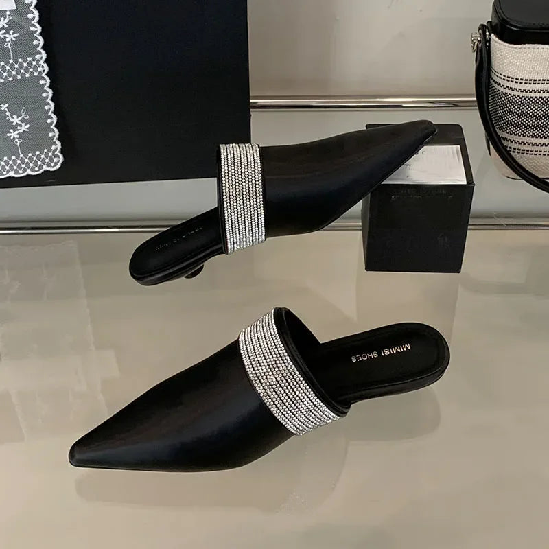 Pointy Toe Mules Women Slides Sandals Luxury Rhinestones Dress Shoes Summer 2025 Low Heel Gold Designer Slippers Ladies Pumps