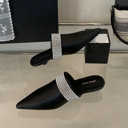 Pointy Toe Mules Women Slides Sandals Luxury Rhinestones Dress Shoes Summer 2025 Low Heel Gold Designer Slippers Ladies Pumps