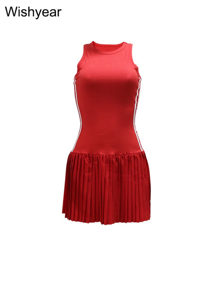 New Fashion O-neck Sleeveless Side Striped Ribbed Pleated Mini Dress for Women Sexy Slim Night Club Tank Summer Birthday Robe