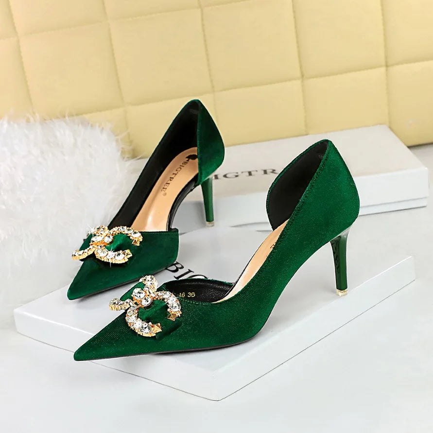BIGTREE Party Pumps 7cm Thin High Heels Western Style Velvet Shallow Pointed Toe Side Hollow Crystal Pearl Bow Lady Shoes Pink