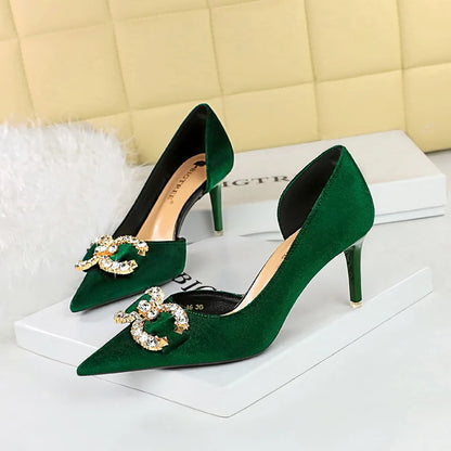 BIGTREE Party Pumps 7cm Thin High Heels Western Style Velvet Shallow Pointed Toe Side Hollow Crystal Pearl Bow Lady Shoes Pink