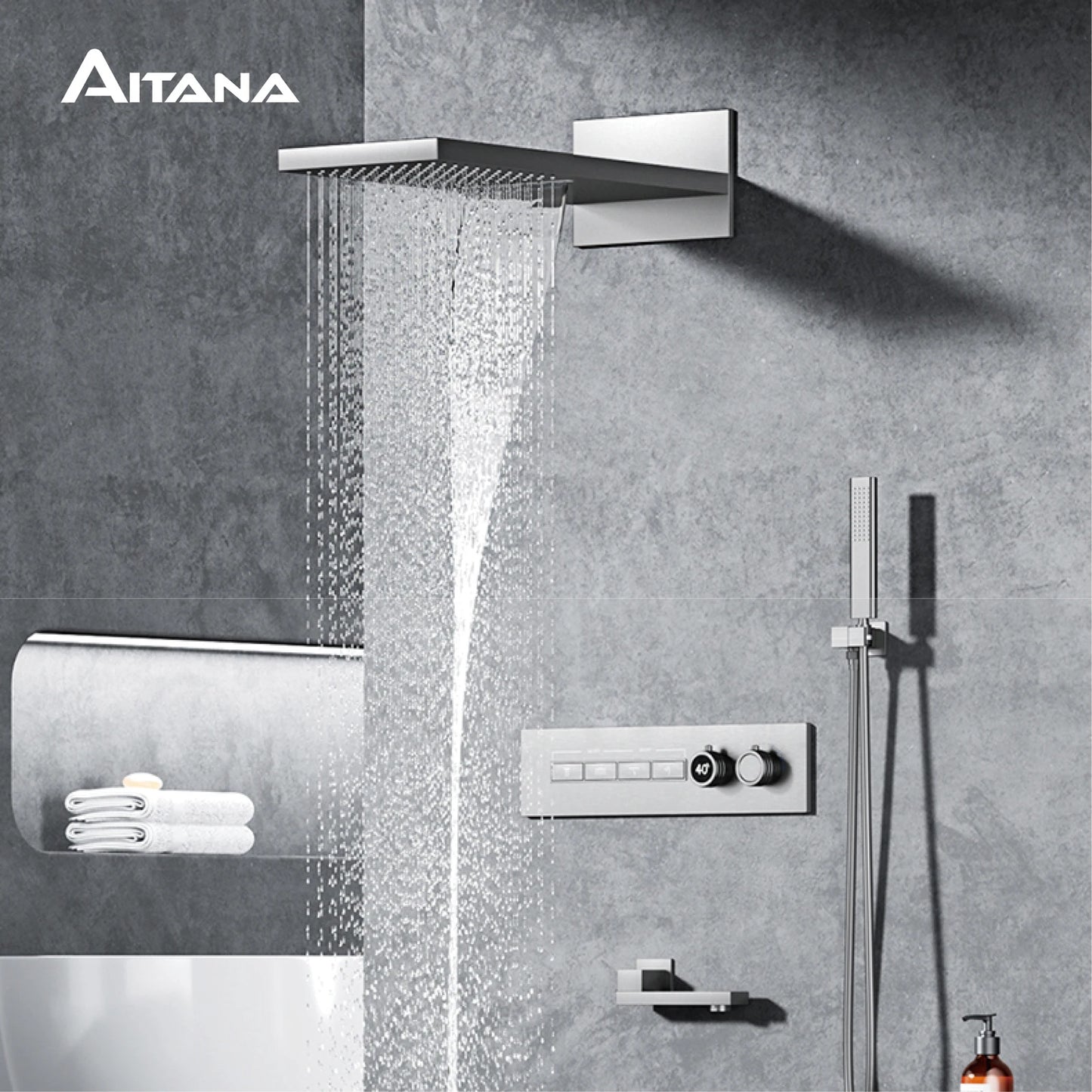 Luxury Black Brass Shower System Wall-Mounted LED Digital Display Design Cold & Hot Dual-Control 4-Function Ceiling Shower Tap