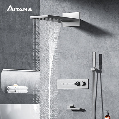 Luxury Black Brass Shower System Wall-Mounted LED Digital Display Design Cold & Hot Dual-Control 4-Function Ceiling Shower Tap