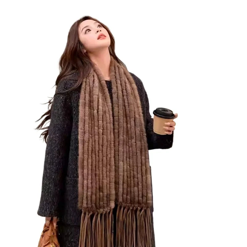 Winter new mink hair woven fur scarf long fringed warm fur scarf Korean version of women