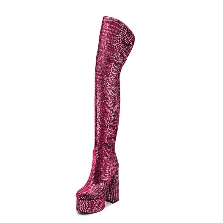 15CM Chunky Heel Platform Woman Over-the-knee Snake Pattern Boots Wild T Show Shoes Sexy Slimming Stretch Thigh Boots For Women