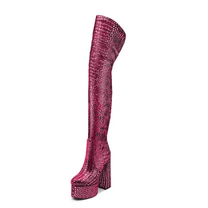15CM Chunky Heel Platform Woman Over-the-knee Snake Pattern Boots Wild T Show Shoes Sexy Slimming Stretch Thigh Boots For Women