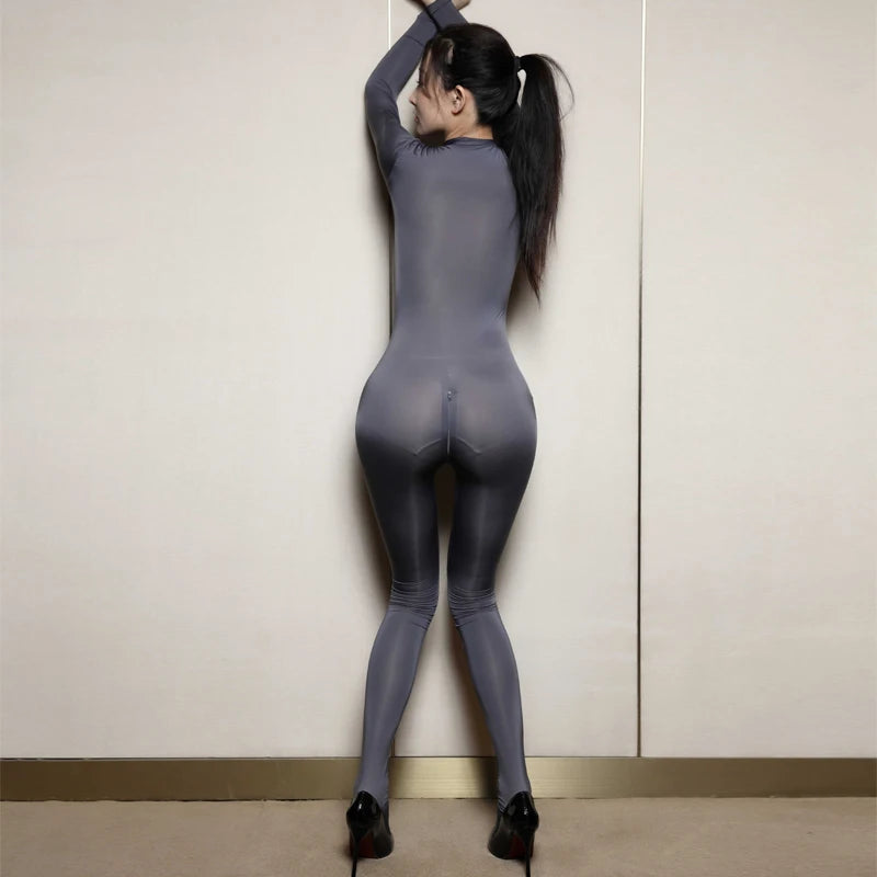Oily Glossy Elastic Tights Zipper Open Crotch Full Body Jumpsuits Sexy See Through Bodysuits Women Smooth Allure Bodycon Rompers