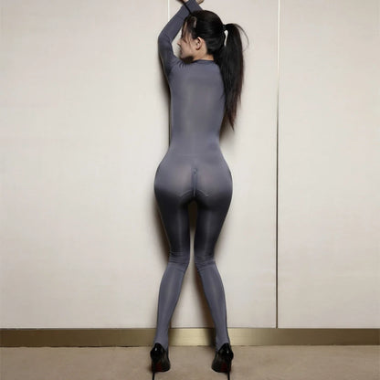Oily Glossy Elastic Tights Zipper Open Crotch Full Body Jumpsuits Sexy See Through Bodysuits Women Smooth Allure Bodycon Rompers