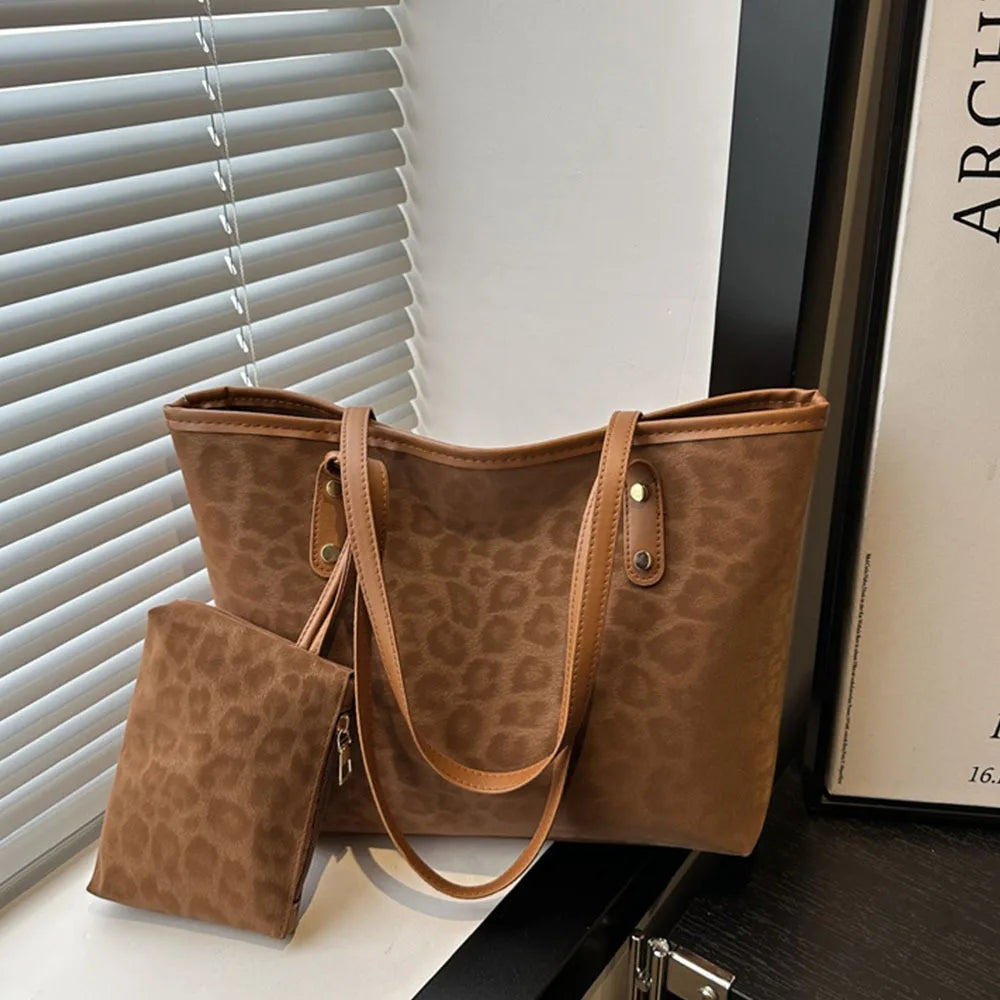 Vintage Leopard Print Women Tote Bag PU Leather Large Capacity Underarm Bag with Mini Bag Briefcase Bags