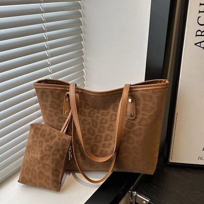 Vintage Leopard Print Women Tote Bag PU Leather Large Capacity Underarm Bag with Mini Bag Briefcase Bags