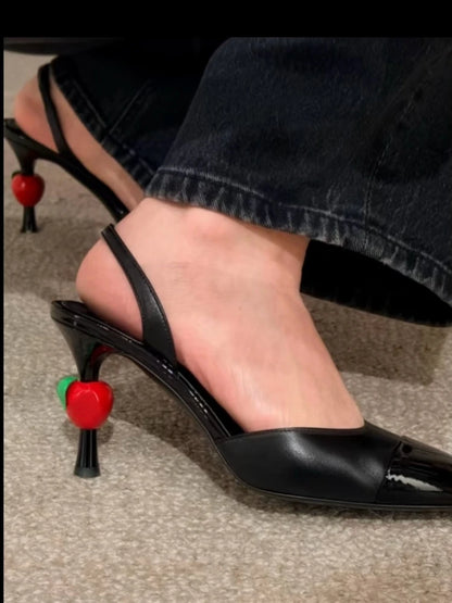 2026 Summer New Elegant Female Shoes Patchwork Pointed-Toe Stiletto Heels Sandals Luxury Trendy Back Strap Cherry High Heels 9cm