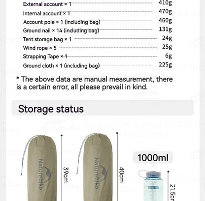 Naturehike Cloud Up Pro Tent Ultralight 1.36kg 1-2 Person 20D Waterproof Three Seasons for Camping Outdoor Hiking Backpack Tent