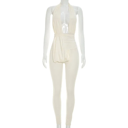 FLARORA Sexy Halter Backless Jumpsuits Woman Deep V-neck Sleeveless Ruched Waist With Draped Tie Skinny Jumpsuit Party Clubwear
