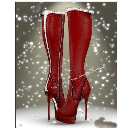 Red Zipper Knee HIgh Platform Boots Thin High Heel Round Toe Fashion Sexy 2025 Winter Big Size Woman Shoes Zapatillas Mujer
