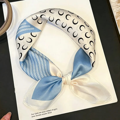 100% Natural Mulberry Silk Square Scarf 53x53cm Blue White Moon Print Women Neck Scarf Headband Bag Scarf Elegant Gift