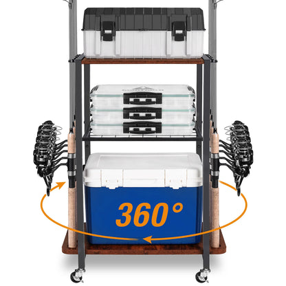 Fishing Rod Holders for Garage, Fishing Gear and equipment Rotating Tackle Storage Cart, Pole Rod Rack Hold up to 10 Rods