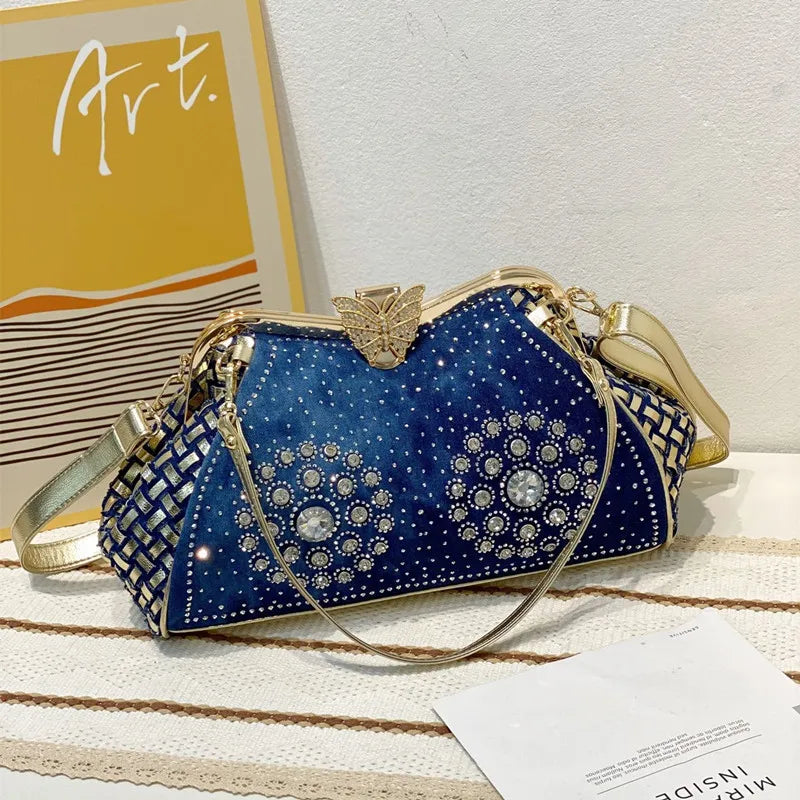 Denim Rhinestones Women Handbag Clutch Bag For Evening Party Chic Butterfly Decoration Ladies Denim  Shoulder Bag
