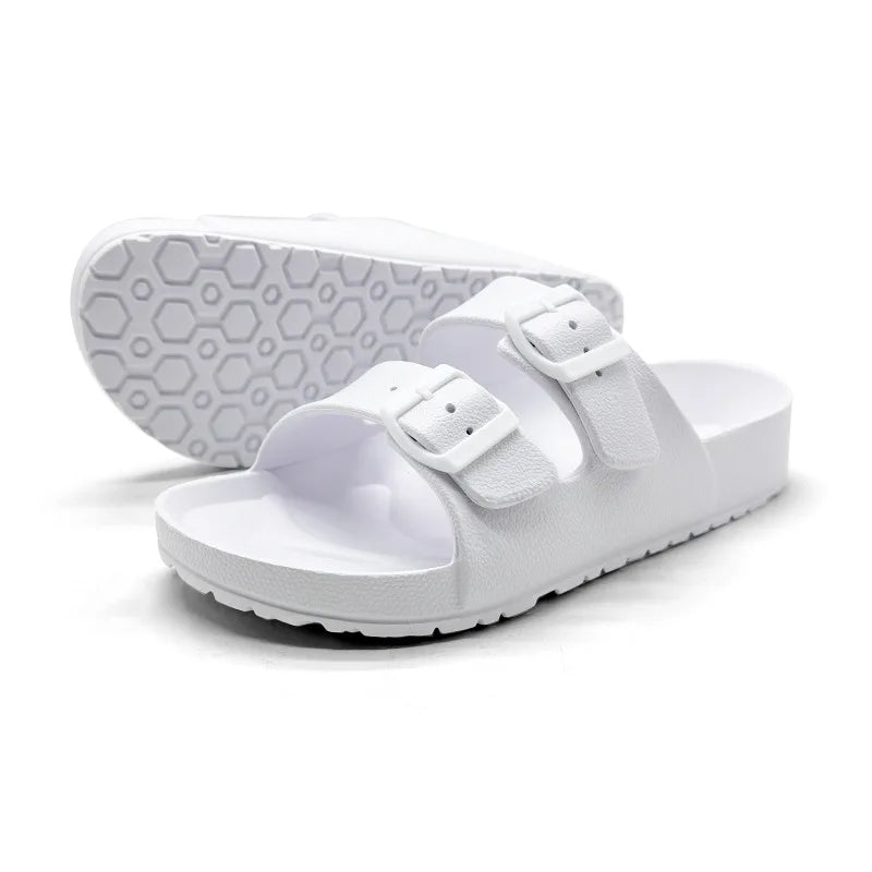 Shevalues Summer Flat Slippers For Women Men 2025 New Thick Sole Sandals With Double Buckle Fashoin Outdoor Antiskid Beach Slide