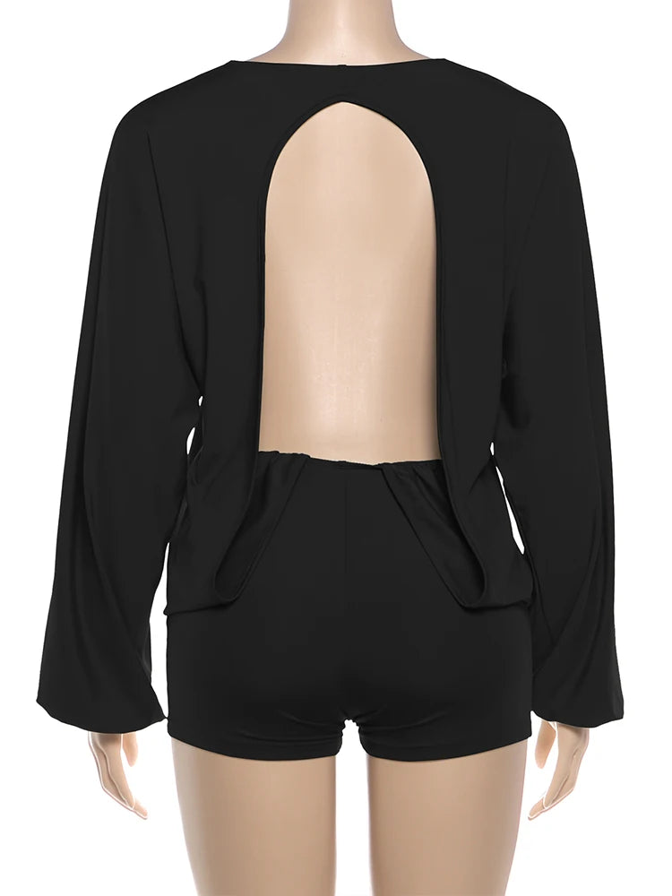 Weird Puss Sexy Backless Romper Women O-Neck Full Sleeve Hottie Simple Fashion Street Stretch Slim Midnight Clubwear Playsuit