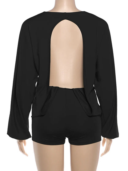 Weird Puss Sexy Backless Romper Women O-Neck Full Sleeve Hottie Simple Fashion Street Stretch Slim Midnight Clubwear Playsuit
