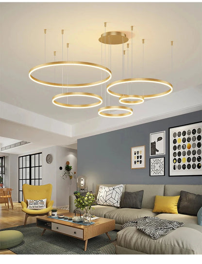 Modern Aluminum Rings Chandeliers Simple Acrylic LED Pendant Lights Living Dining Room Home Restaurant Decor Lighting Fixtures