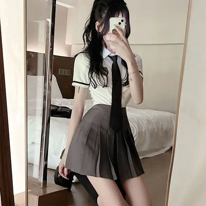 2025 improved daily jk uniform summer new white short/long sleeve shirt + pleated skirt jk uniform two-piece set for women w237