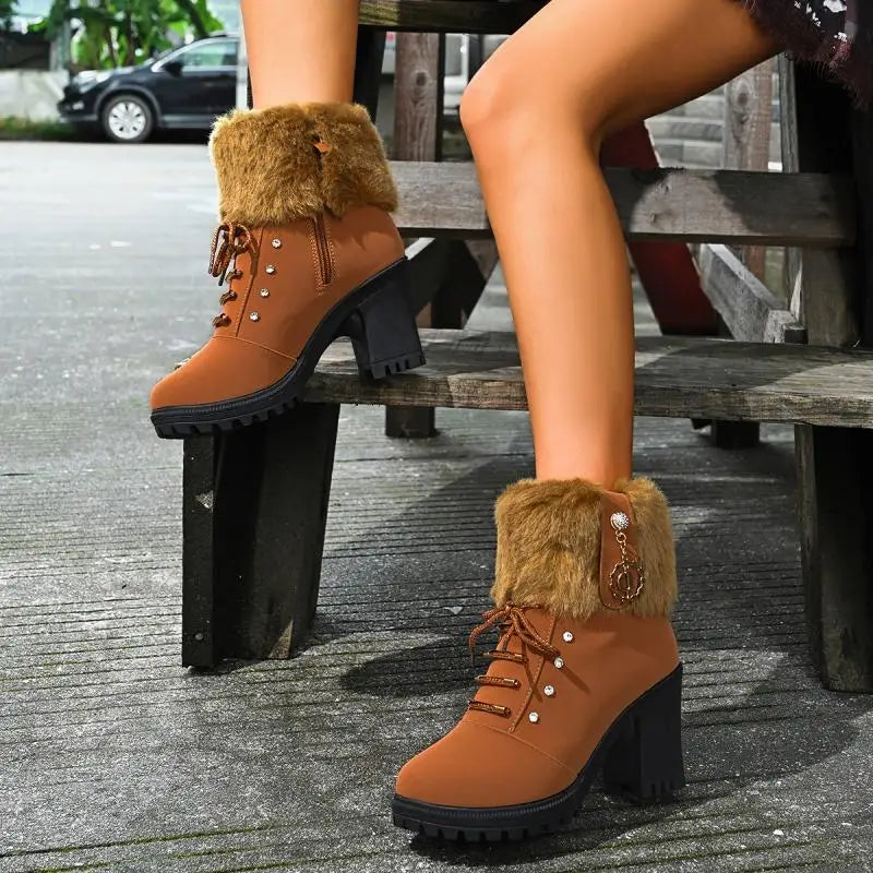 Elegant Fluffy Fur Thick High Heel Suede Ankle Boots Women Winter 2026 Designer Warm Plush Black Short Boots Woman Furry Booties