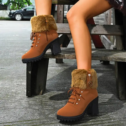 Elegant Fluffy Fur Thick High Heel Suede Ankle Boots Women Winter 2026 Designer Warm Plush Black Short Boots Woman Furry Booties