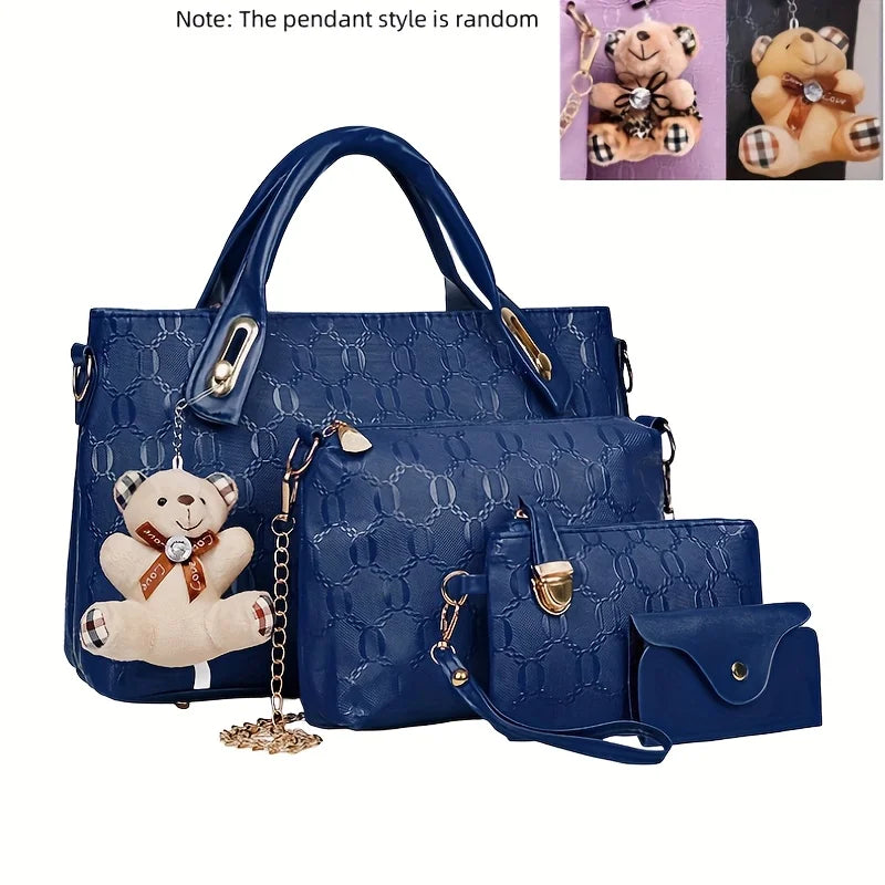 4 Pcs Women Handbag Set Embossed Pattern PU Leather Tote Bags Fashion Chain Shoulder Crossbody Bag Ladies Wallet Card Holder Purse With Bear Pendant Daily Shopping Handbags